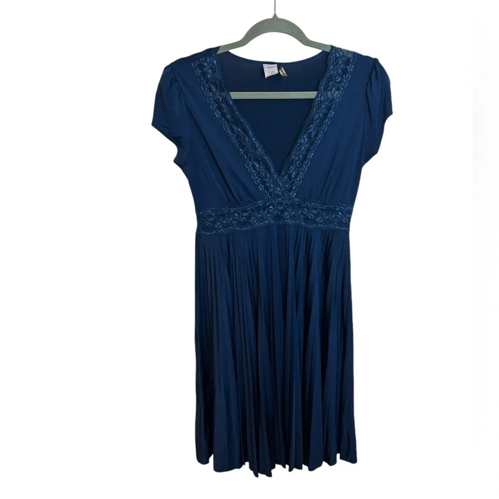 Soprano Blue Lace Pleated Cap Sleeve Dress